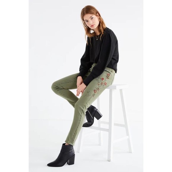 BDG Denim - BDG Women's Olive Twig High Rise Embroidered Skinny Jeans